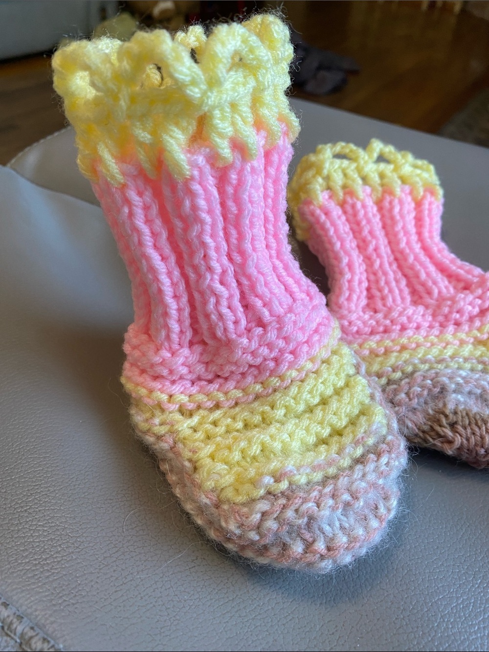 Hand Knit Slippers in Pink & Yellow
